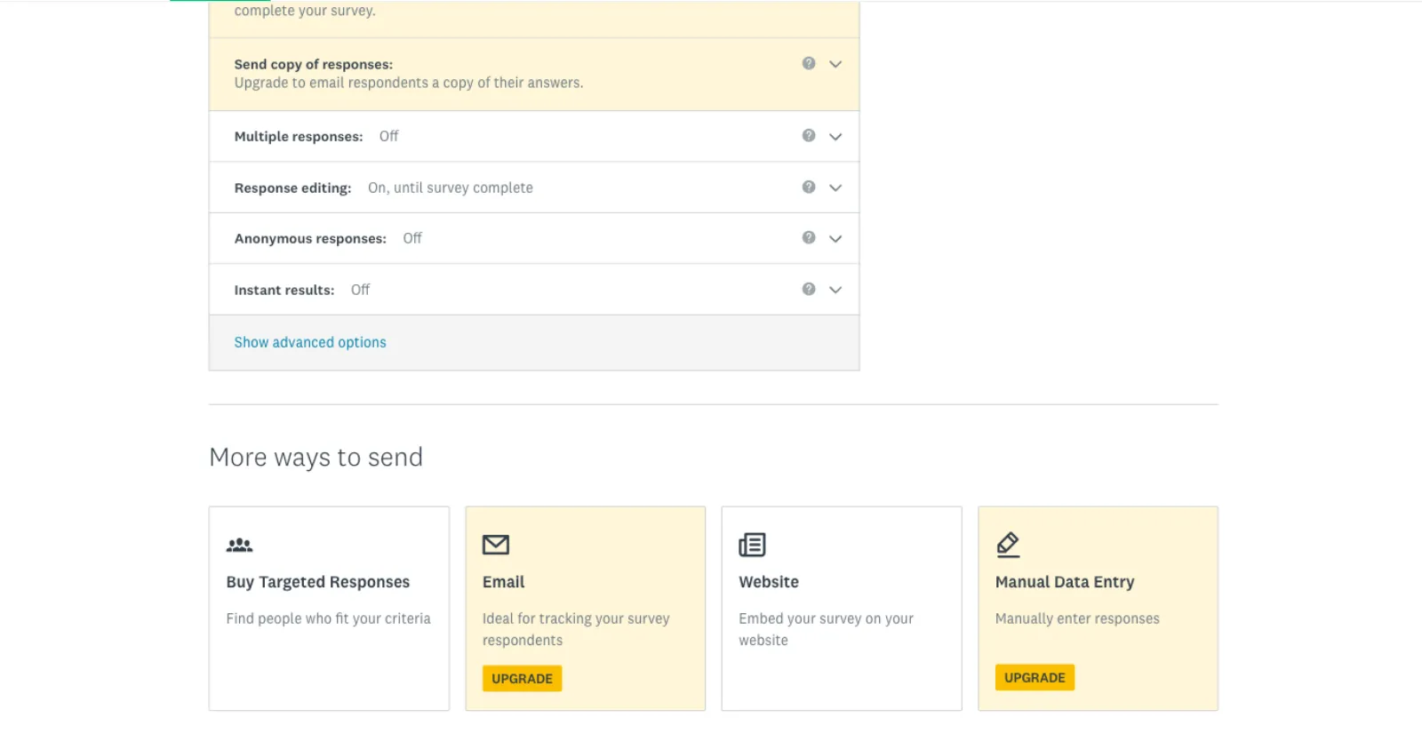 SurveyMonkey collector options with Multiple responses Off and upgrade prompts