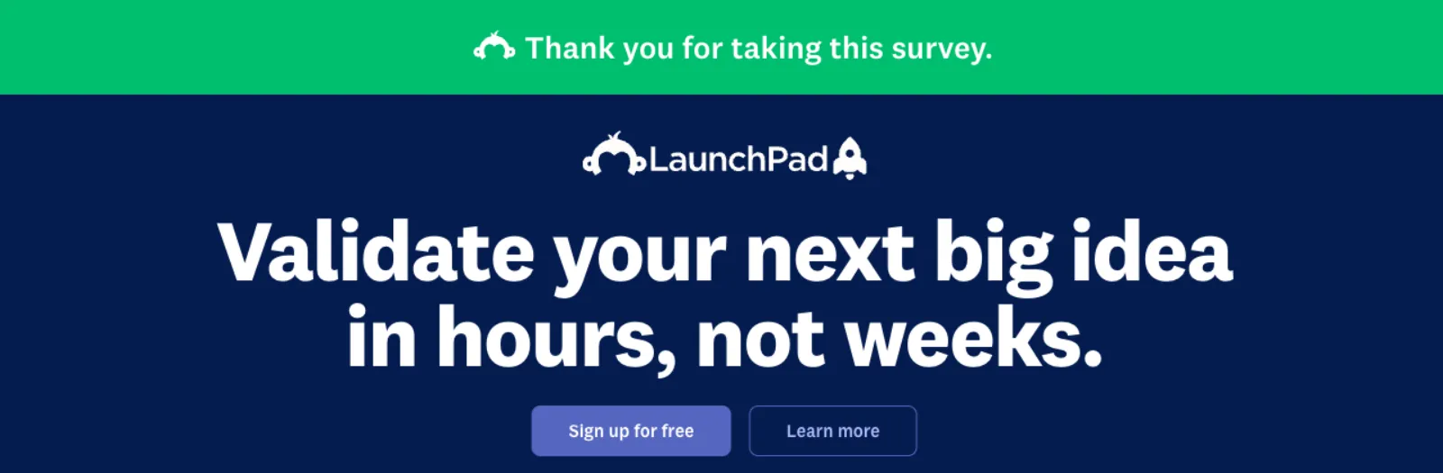 SurveyMonkey default end page with a thank-you banner and a product advert