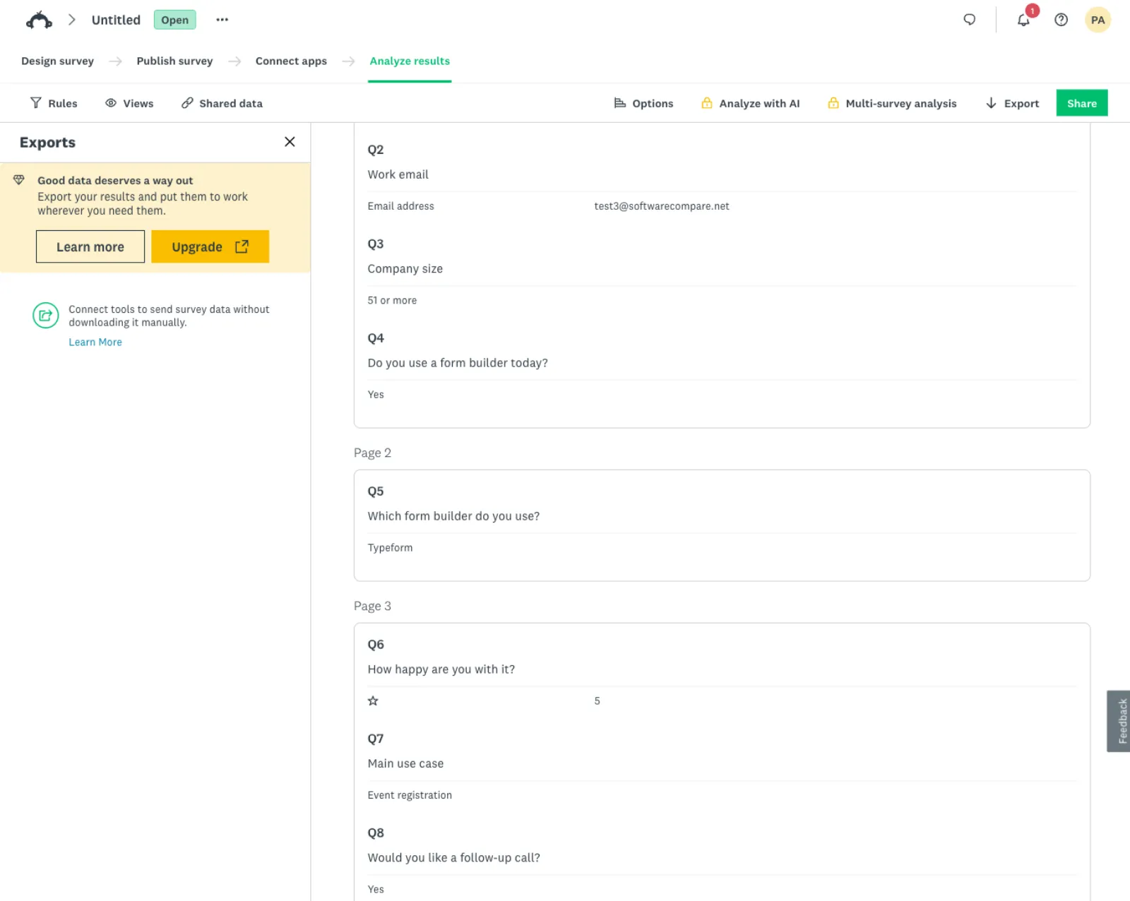 One SurveyMonkey test response with answers to the survey questions