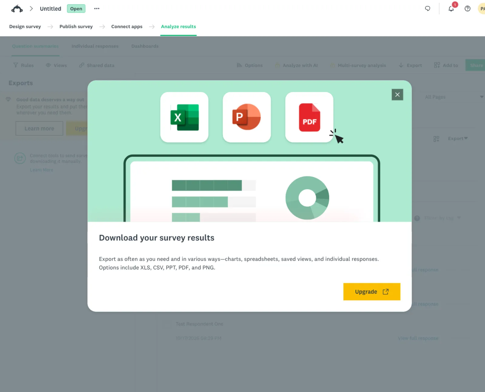 SurveyMonkey Download your survey results dialog with only an Upgrade button