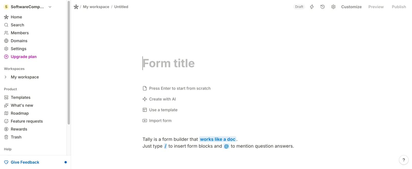 Tally's blank form editor with options to start from scratch, use AI or a template