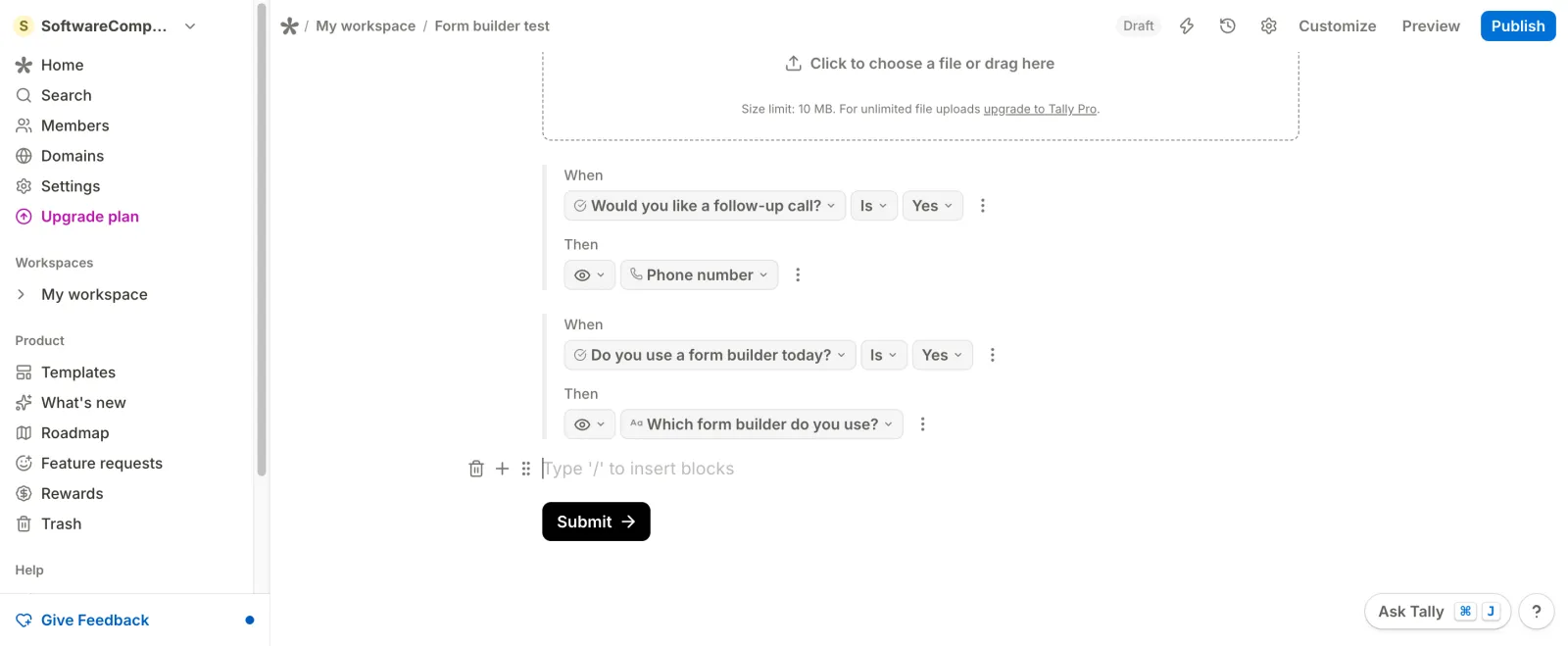 Two Tally conditional logic blocks that show the phone and form builder questions when the answer is Yes