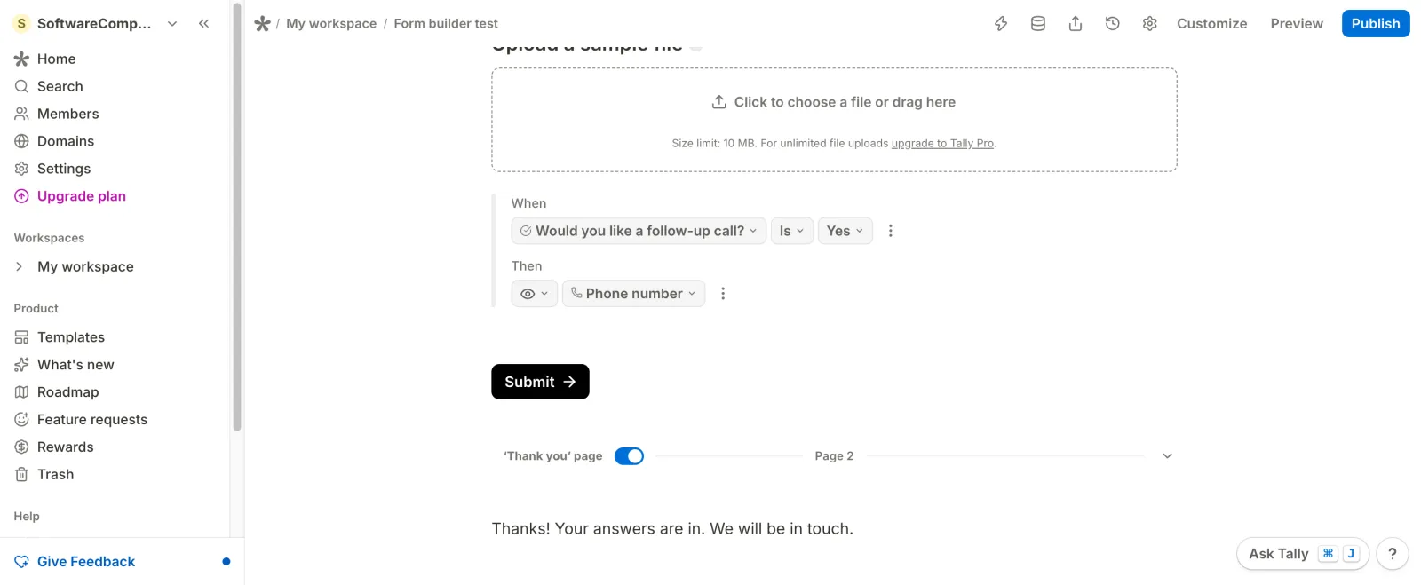 Tally editor with the Thank you page switched on below the Submit button