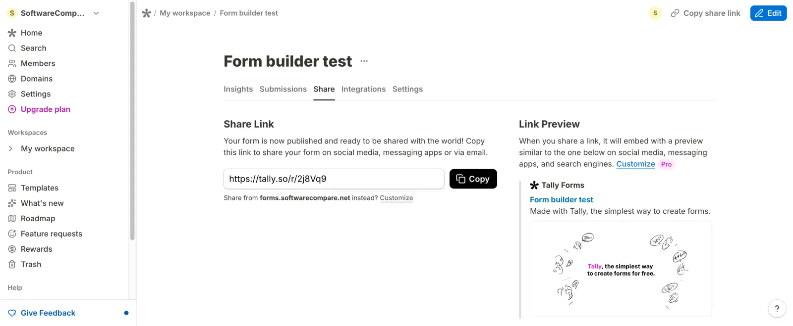 Tally share page with the public form link