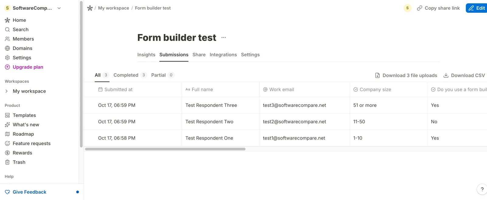 Tally submissions table with three test responses and Download CSV button