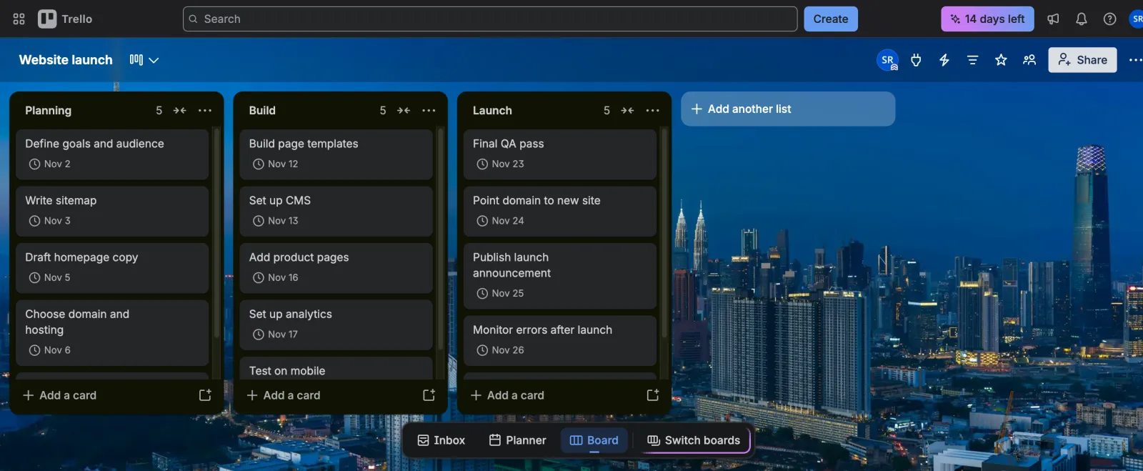 Trello board with Planning, Build and Launch lists of cards with November due dates