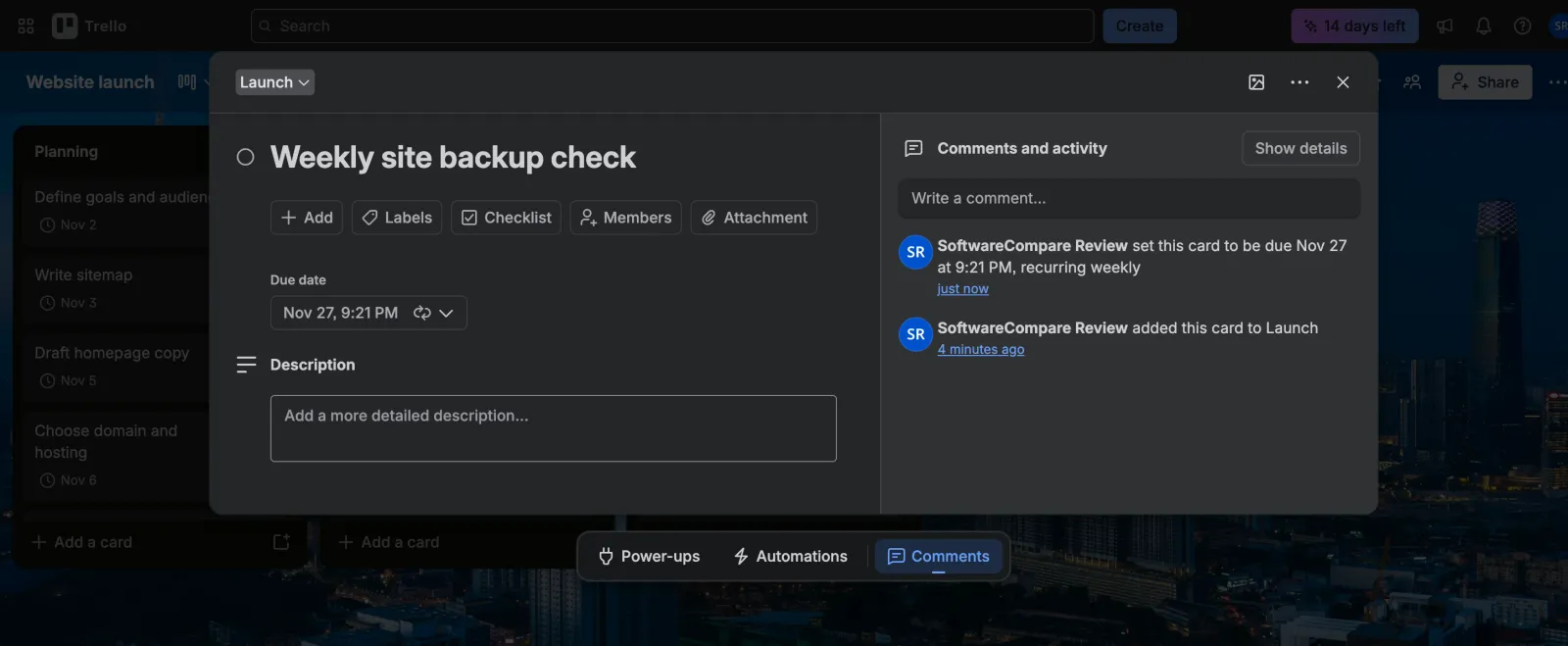 Trello card Weekly site backup check with a recurring due date of Nov 27