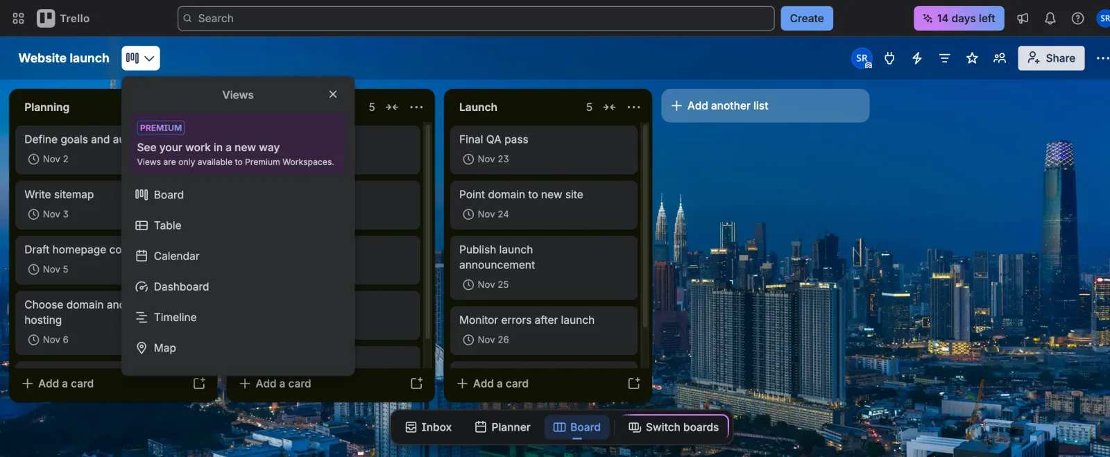 Trello views menu saying views are only available to Premium Workspaces