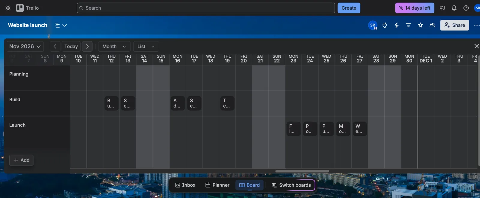 Trello timeline for November 2026 with cards grouped by list and names cut off