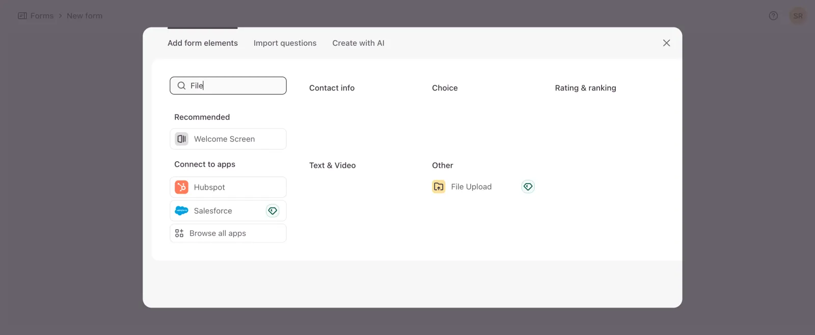 Typeform element picker showing File Upload with a paid-plan diamond icon