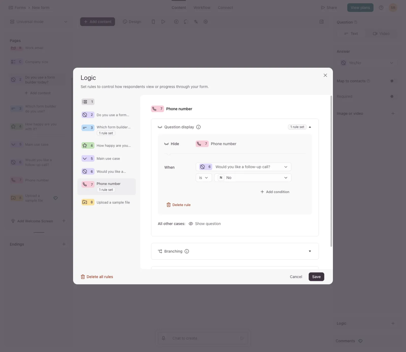 Typeform logic dialog hiding the phone question when the follow-up answer is No