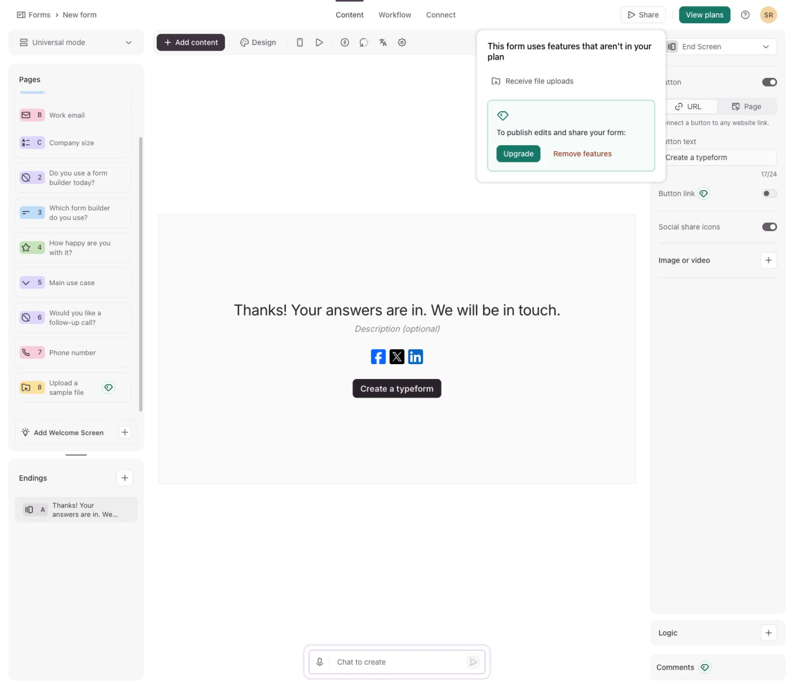 Typeform message saying the form uses features not in the plan, with Upgrade and Remove features buttons