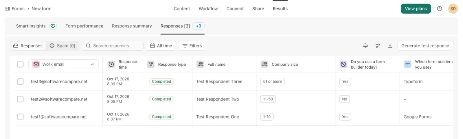 Typeform responses table with three completed test responses